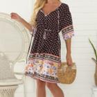 V-neck Floral-printed Tie-front Dress