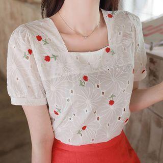 Rose-embroidered Eyelet-lace Top