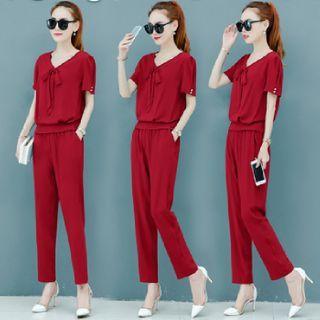 Set: Short-sleeve Tie-front Blouse + Straight-cut Pants