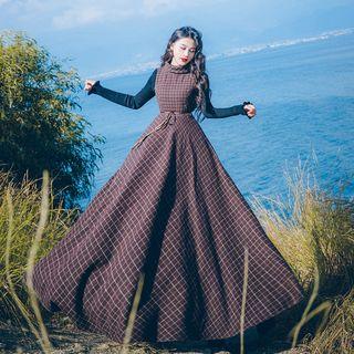 Set: Frill-trim Knit Pullover + Turtleneck Sleeveless Plaid Maxi A-line Dress