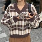 V-neck Plaid Loose Fit Sweater Plaid - Coffee - One Size
