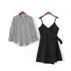 Set : Pinstripe Long-sleeve Blouse + Strap Dress