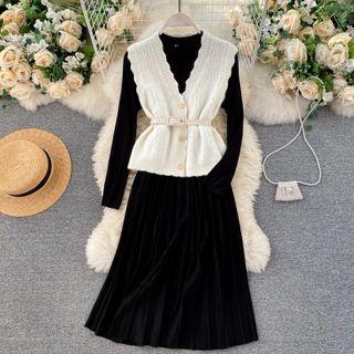 Set Of 2 : V-neck Knit Vest + Plain Long-sleeve Dress