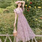 Cap-sleeve Floral Mesh A-line Dress