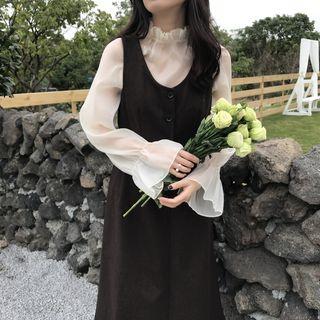 Sleeveless Midi Dress / Stand Collar Sheer Blouse
