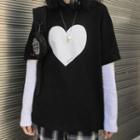 Mock Two-piece Long-sleeve Heart Printed T-shirt