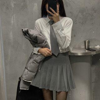 Pleated Mini A-line Skirt / Shirt / Neck Tie / Set