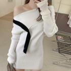 Color-block Off-shoulder Knit Dress White - One Size