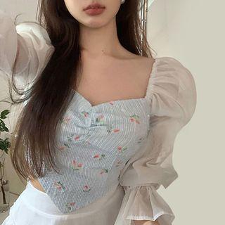 Bell-sleeve Floral Panel Top / Layered Mini A-line Skirt