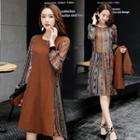 Set: Long-sleeve Patterned A-line Dress + Long Knit Vest
