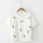 Flower Embroidered Short Sleeve T-shirt White - One Size