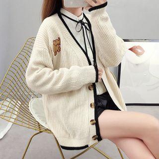 Contrast Trim Elephant Applique Cardigan