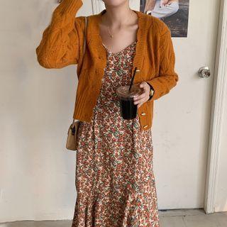 Cardigan / Spaghetti Strap Printed Midi Mermaid Dress