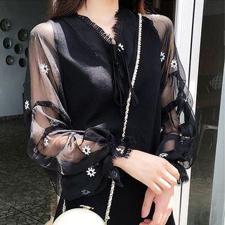 Long-sleeve Embroidered Sheer Panel A-line Mini Dress