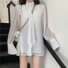 Long-sleeve Tie-neck Chiffon Top White - One Size