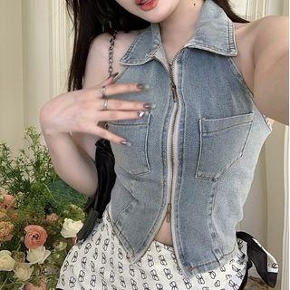 Denim Zip Crop Tank Top