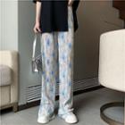 Plain Slit T-shirt / Print Straight Leg Pants