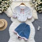 Set Of 2 : Short-sleeve Peter Pan Collar Embroidered Shirt + High-waist Wide-leg Shorts