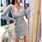 Square Neck Plain Skinny Long-sleeve Dress