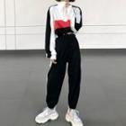 Stand Collar Color Block Cropped Pullover / Cropped Contrast-trim Sweatpants