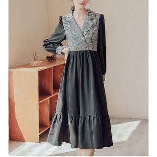 Long-sleeve Houndstooth Panel Midi A-line Dress
