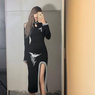 Long-sleeve Crane Embroidered Cutout Midi Sheath Dress