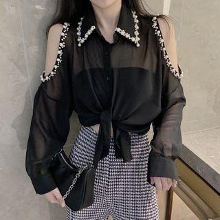Cutaway-shoulder Beaded Loose-fit Blouse