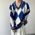 V-neck Argyle Sweater Blue - One Size