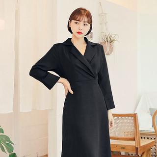 Notched-lapel Gathered-waist Long Dress