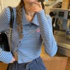 Long-sleeve Striped Asymmetric Applique Top