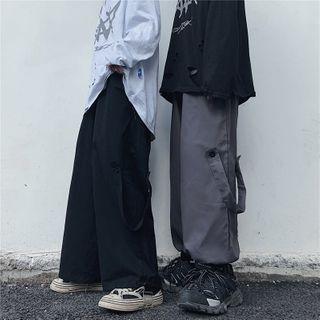 Elastic-waist Buttoned Straight-cut Pants
