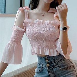 Tie-shoulder Beaded Ruched Cropped Top