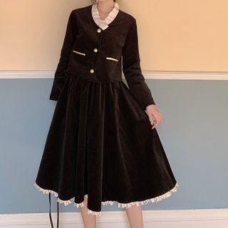 Frilled Trim Button Jacket / A-line Skirt