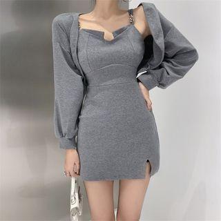 Plain Long-sleeve Cropped Cardigan / Bodycon Side-slit Spaghetti Strap Dress