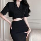 Short-sleeve Cropped Blouse / Side-slit Midi Pencil Skirt