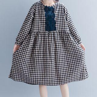 Long-sleeve Plaid Lace Panel A-line Dress