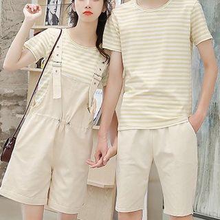 Couple Matching Striped Short-sleeve T-shirt / Drawstring Jumper Shorts / Plain Shorts