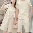 Couple Matching Striped Short-sleeve T-shirt / Drawstring Jumper Shorts / Plain Shorts