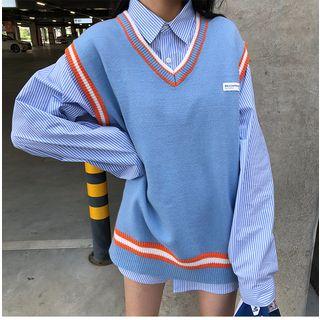Oversized Striped Shirt / Contrast-color Knit Vest