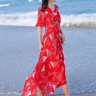 Short-sleeve Geometric Print Maxi Dress