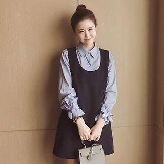 Set : Bow Long-sleeve Blouse + Sleeveless Dress