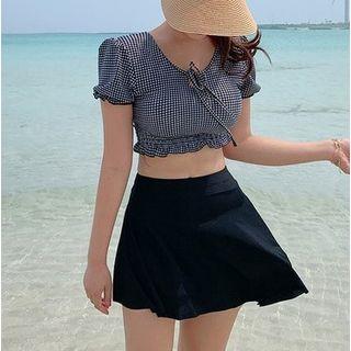 Set: Short Sleeve Check Tankini Top + Swim Skirt