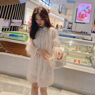 Fringed Trim Long-sleeve Collared Dress