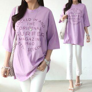 Elbow-sleeve Longline Letter T-shirt