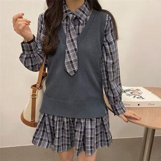 Plaid Mini Dress With Tie / Sleeveless Knit Top