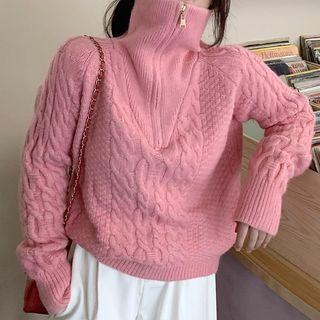 Turtleneck Half-zip Cable Knit Sweater