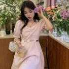 Puff-sleeve Flower Detail Mini Smock Dress Pink - One Size