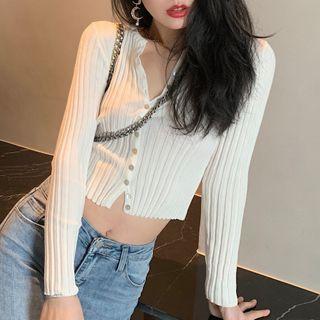 Long-sleeve Button-up Cropped Knit Top