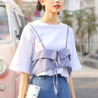 Short-sleeve Mock Two-piece T-shirt White - One Size