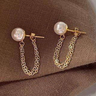 Faux Pearl Chain Stud Earring 1 Pair - B-637 - Gold - One Size